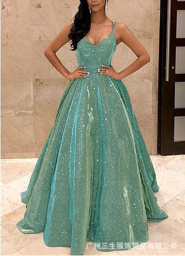 Echoarchiv | Damen Spaghettiträger V-Ausschnitt A-Linie Glitzer Maxikleid