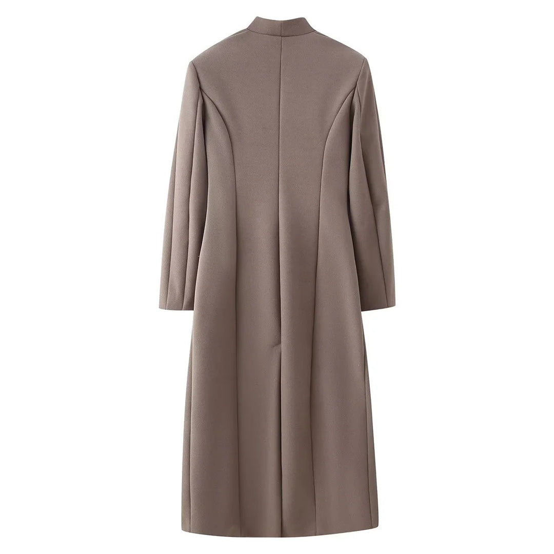 Damen minimalistischer langer Mantel mit schmalem Schalkragen und aufgesetzten Taschen – Montévia