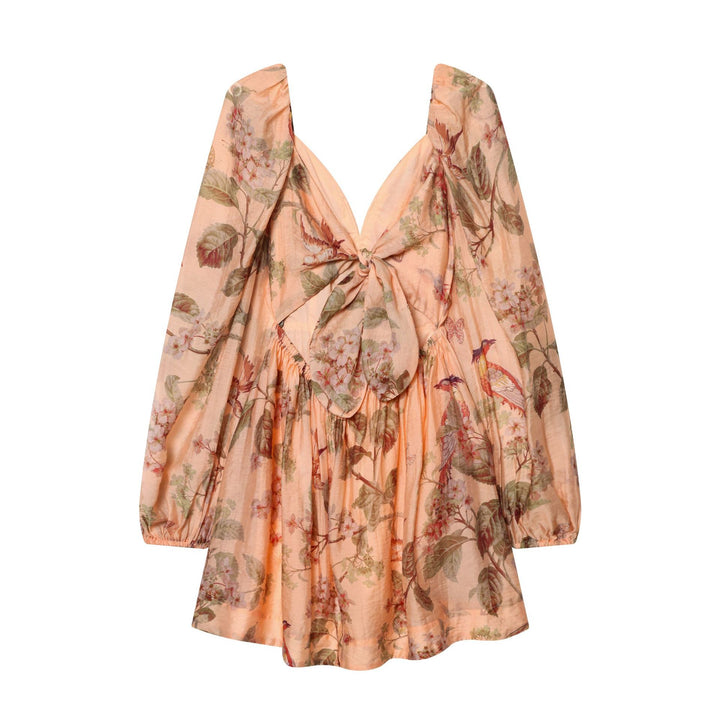 Damen florales V-Neck Stufenmidikleid mit tiefem Dekolleté und geraffter Taillenpartie – Élara