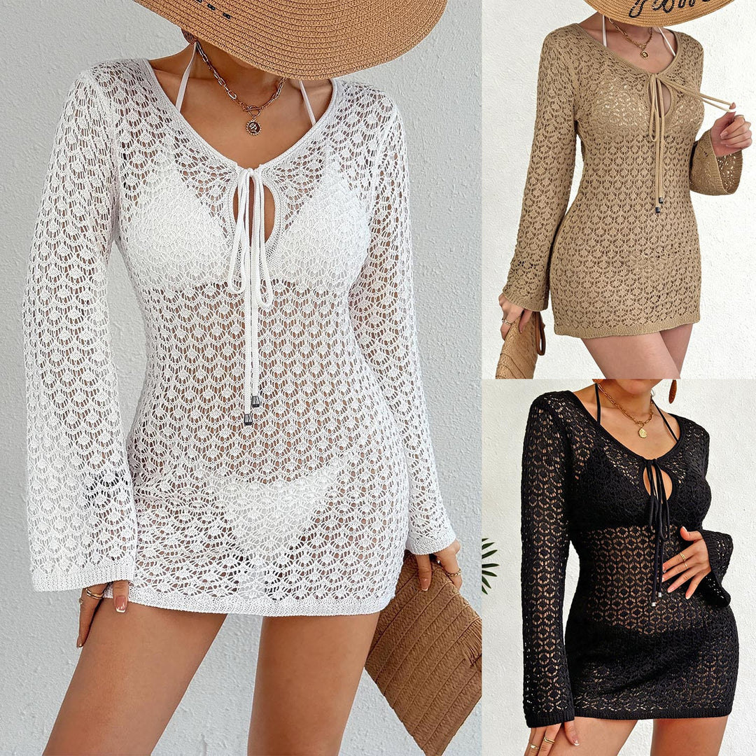 Damen Häkel-Strandkleid mit tiefem V-Ausschnitt und breiten Ärmeln Echo Archiv