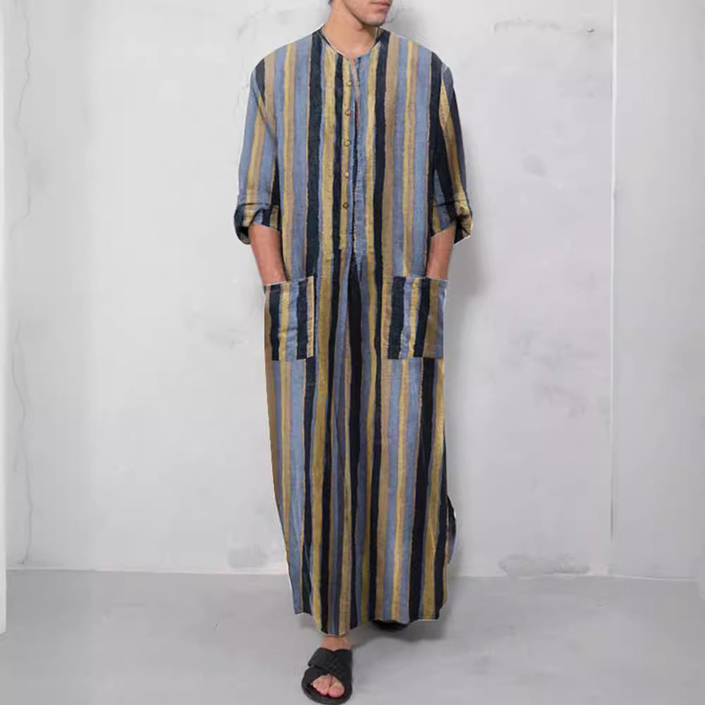 Herren nan lockerer Kaftan aus Leinenmischung mit Knopfleiste und aufgesetzten Taschen Echoarchiv