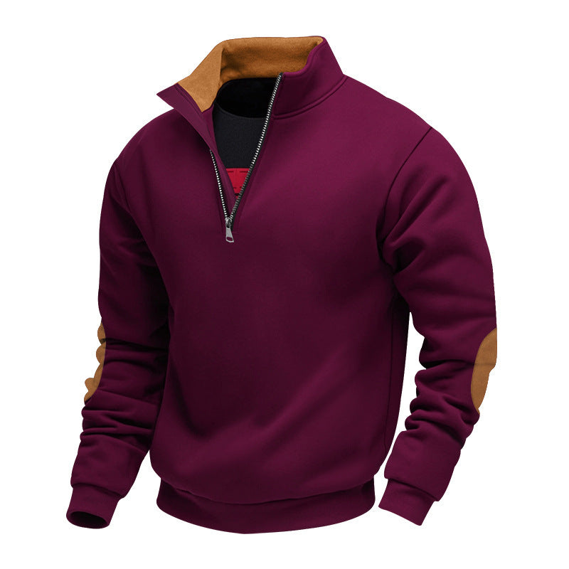 Herren Sportlicher Stehkragenpullover mit Reißverschluss und Lederakzenten Echoarchiv