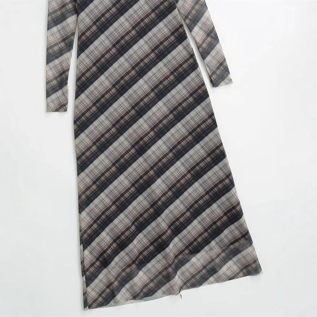 Damen nan langes Maxikleid mit diagonalem Karomuster, Rundhalsausschnitt und langem Ärmel Echo Archiv