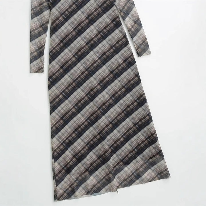Damen nan langes Maxikleid mit diagonalem Karomuster, Rundhalsausschnitt und langem Ärmel Echo Archiv