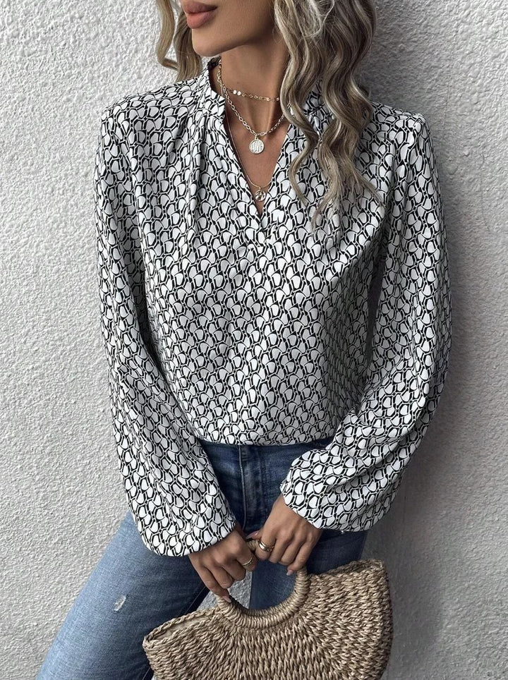 Damen Gemusterte Viskose-Bluse mit Stehkragen und Ballonärmeln – Élovi