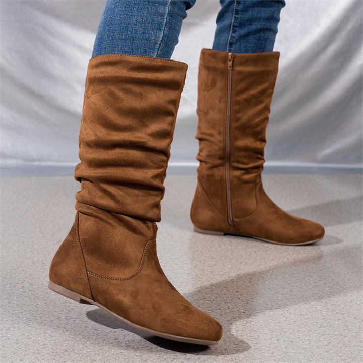 Damen Slouch-Stiefel mit flachem Absatz, seitlichem Reißverschluss und weichem Velours – Lioré