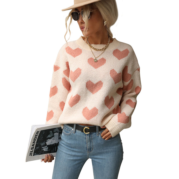 Damen Oversize-Pullover mit Herzjacquard und Rundhalsausschnitt – Mavelle