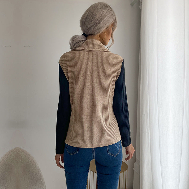 Damen Asymmetrisches Rippenstrick-Layering-Top mit Rollkragen und Zierknopfleiste Echoarchiv
