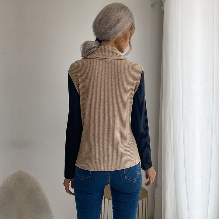 Damen Asymmetrisches Rippenstrick-Layering-Top mit Rollkragen und Zierknopfleiste Echoarchiv