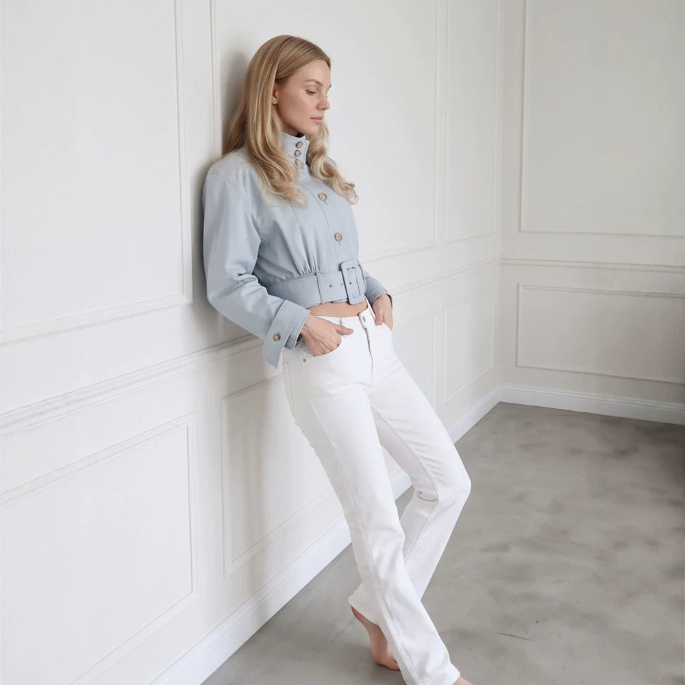 Damen Taillierte Cropped-Jacke mit überlanger Schluppe & breitem Taillengürtel Echoarchiv