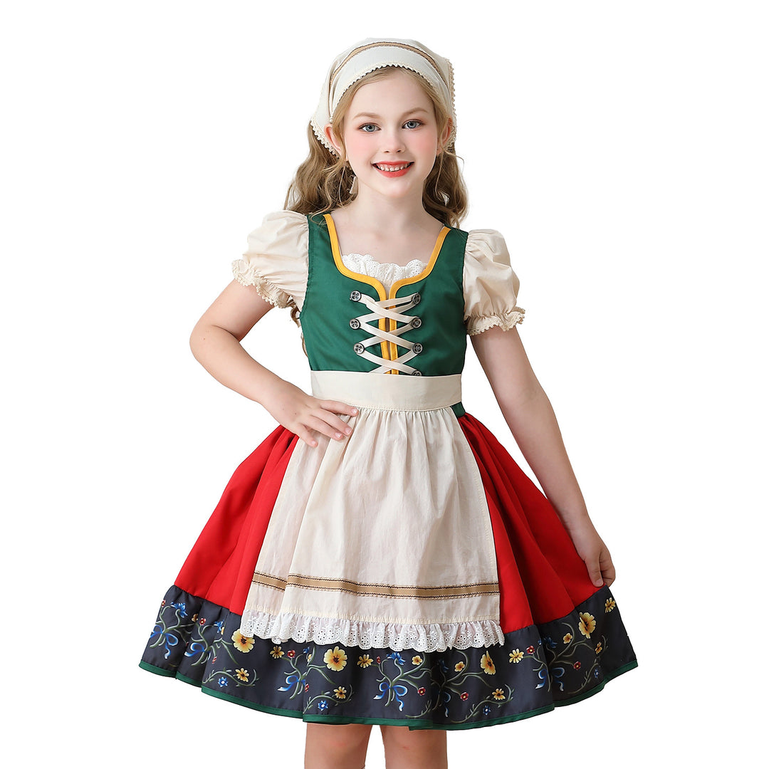 Damen nan traditionelles Kinderdirndl Kleid mit dekorativer Schnürung Schürze und Spitzenkopftuch Echo Archiv