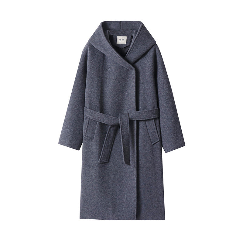 Damen Maxi-Mantel mit überzogener Kapuze, Bindegürtel und minimalistischer Wollmix‑Silhouette Echoarchiv
