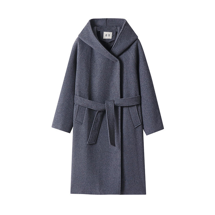 Damen Maxi-Mantel mit überzogener Kapuze, Bindegürtel und minimalistischer Wollmix‑Silhouette Echoarchiv