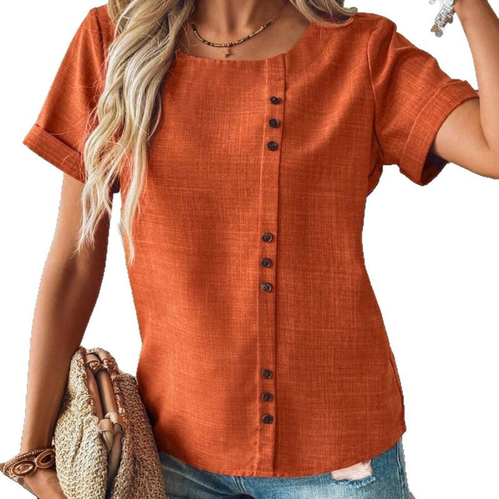 Damen nan bauchfreies Leinenoptik-Top mit asymmetrischer Knopfleiste und Umschlagärmeln Echo Archiv