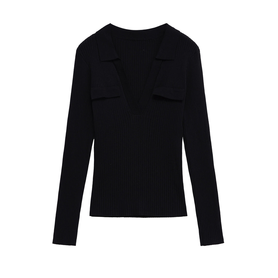 Damen Gerippter Feinstrick-Polo mit tiefem V-Ausschnitt und Brusttaschen Echo Archiv