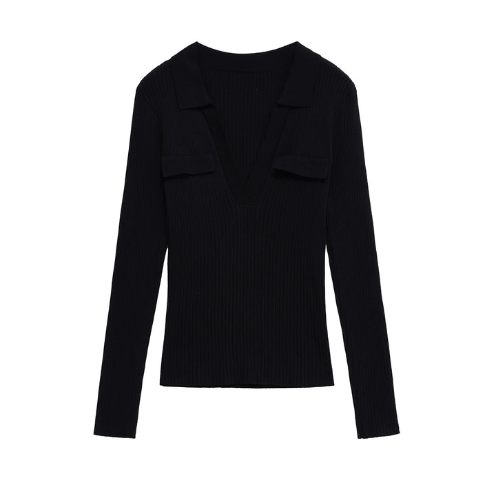 Damen Gerippter Feinstrick-Polo mit tiefem V-Ausschnitt und Brusttaschen Echo Archiv