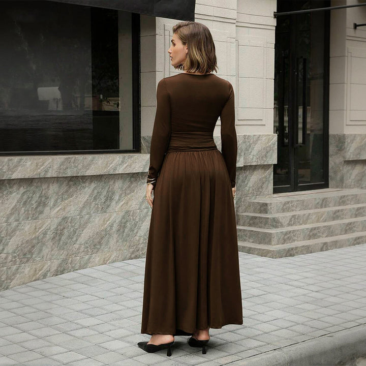 Damen asymmetrisches Maxikleid mit langem Ärmel und geraffter Taillenpartie – Valéora