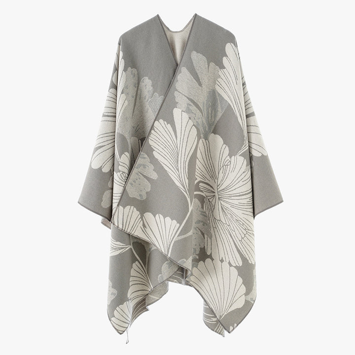 Damen Jacquard‑Capeponcho mit großflächigem Blatt‑Jacquard und offenem Wickelschnitt – Montévia