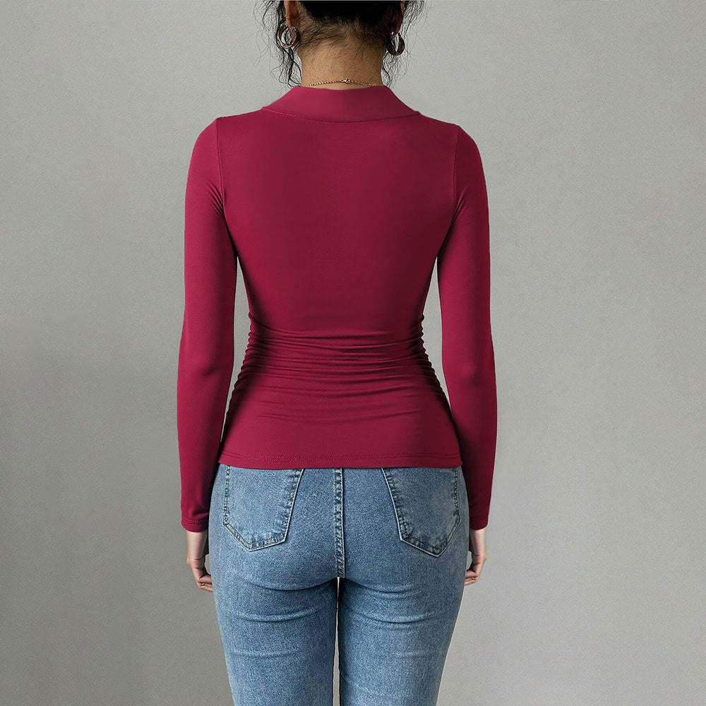 Damen figurbetontes Langarm-Top mit Herz-Ausschnitt, Zierring und Raffung – Avérine