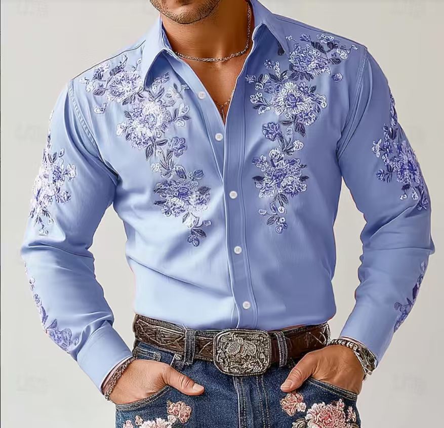 Herren Elegantes Langarmhemd mit floraler Stickerei Echoarchiv