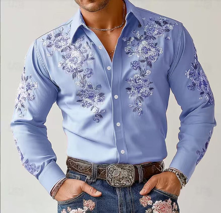 Herren Elegantes Langarmhemd mit floraler Stickerei Echoarchiv