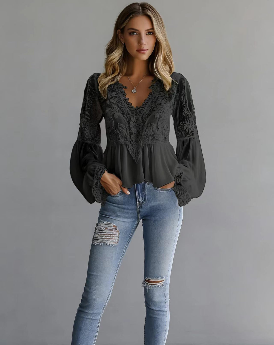 Damen elegante Bluse mit Spitzendetails und gerafftem Saum Echo Archiv
