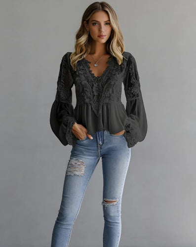 Damen elegante Bluse mit Spitzendetails und gerafftem Saum Echo Archiv