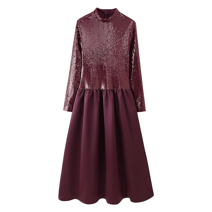 Damen festliches Maxikleid mit Paillettenoberteil, Stehkragen, langen Ärmeln und gerafftem Taillenrock – Valéora