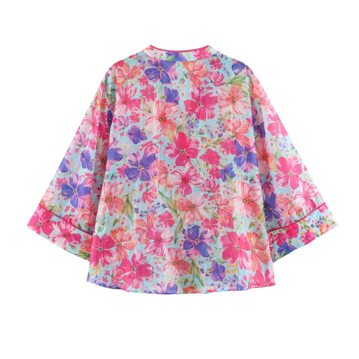 Damen Leichte Blumenbluse mit Stehkragen und dreiviertel Glockenärmeln Echo Archiv