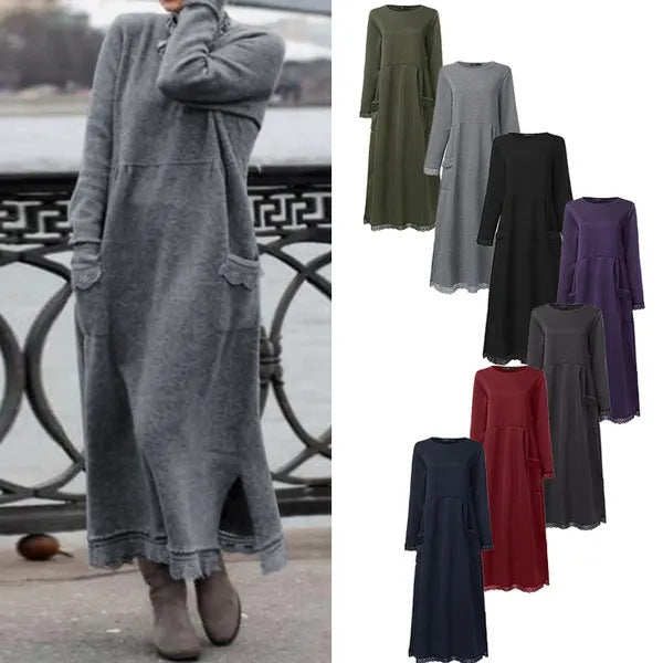 Damen nan langes Strickmaxikleid mit Seitenschlitzen und aufgesetzten Taschen Echo Archiv
