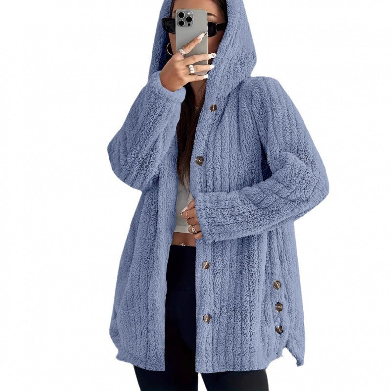 Damen Kapuzen-Teddy-Mantel mit Knopfleiste und Oversize-Schnitt Echo Archiv