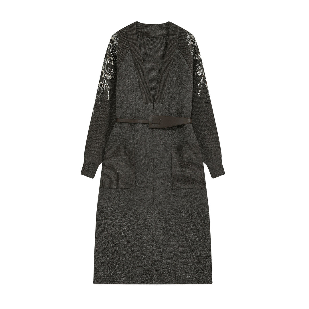 Damen Strick-Midikleid mit tiefem V-Ausschnitt, Taillengürtel und paillettenverzierten Ärmeln Echoarchiv