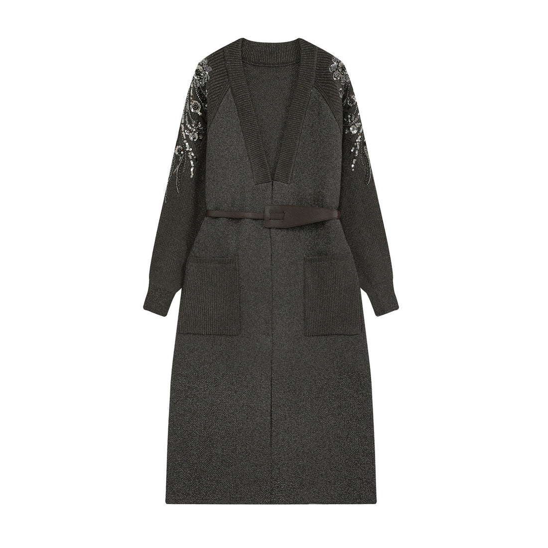 Damen Strick-Midikleid mit tiefem V-Ausschnitt, Taillengürtel und paillettenverzierten Ärmeln Echoarchiv