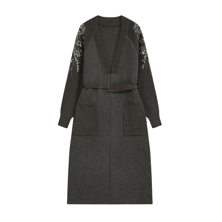Damen Strick-Midikleid mit tiefem V-Ausschnitt, Taillengürtel und paillettenverzierten Ärmeln Echoarchiv