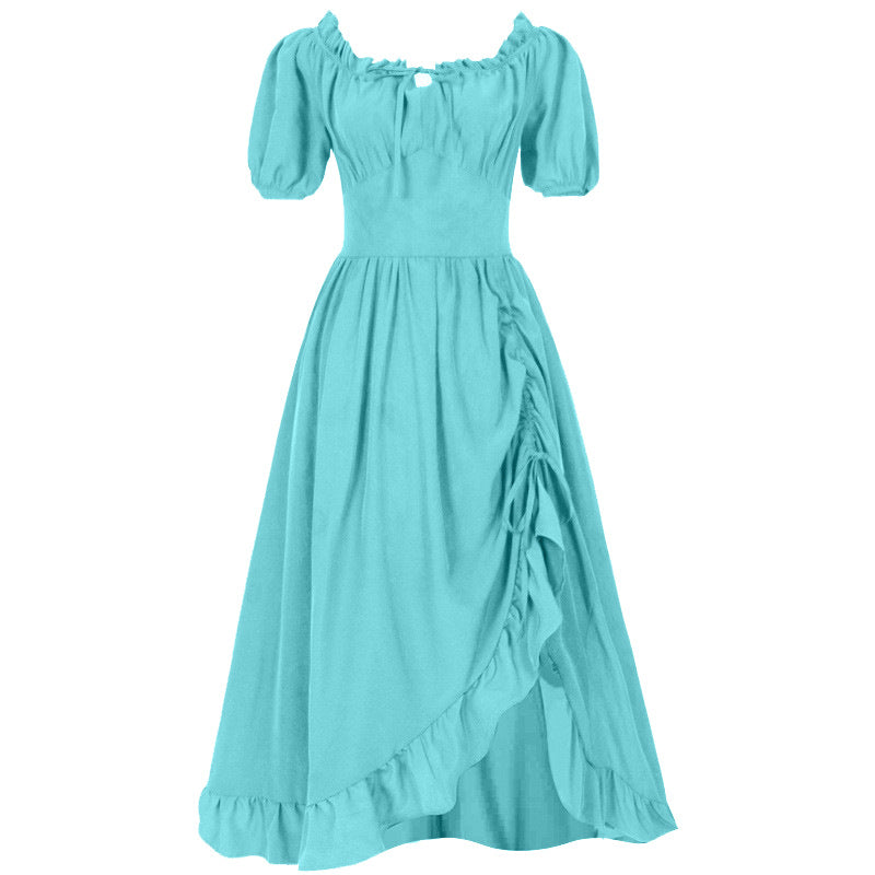 Damen romantisches Maxikleid mit Carmen-Ausschnitt, Puffärmeln, tailliertem Mieder und seitlicher Raffung – Valéora