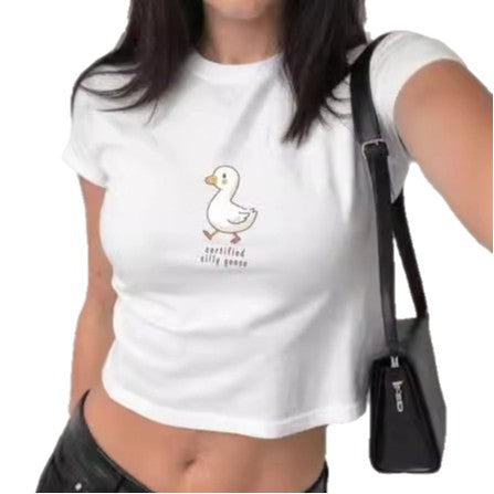 Damen figurbetontes Kurzarm-T-Shirt mit verspieltem Aufdruck Echo Archiv