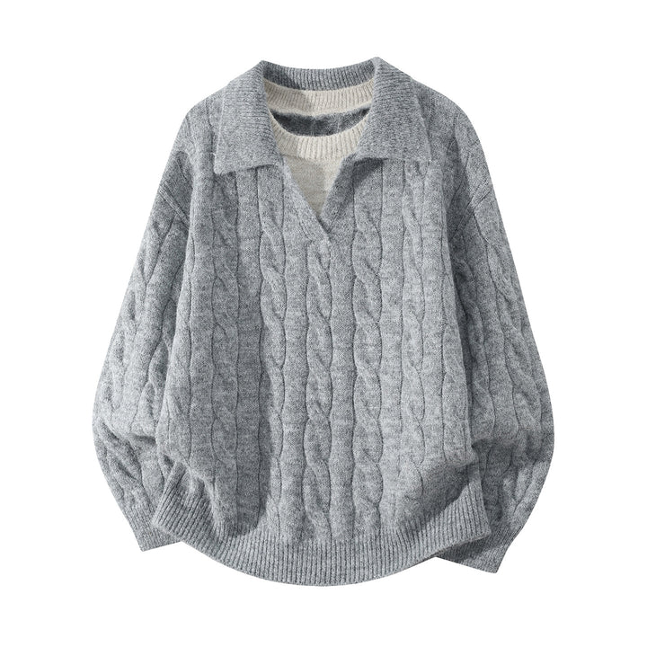 Damen Oversize Zopfmuster-Pullover mit offenem Polokragen & Layer‑Look Echoarchiv