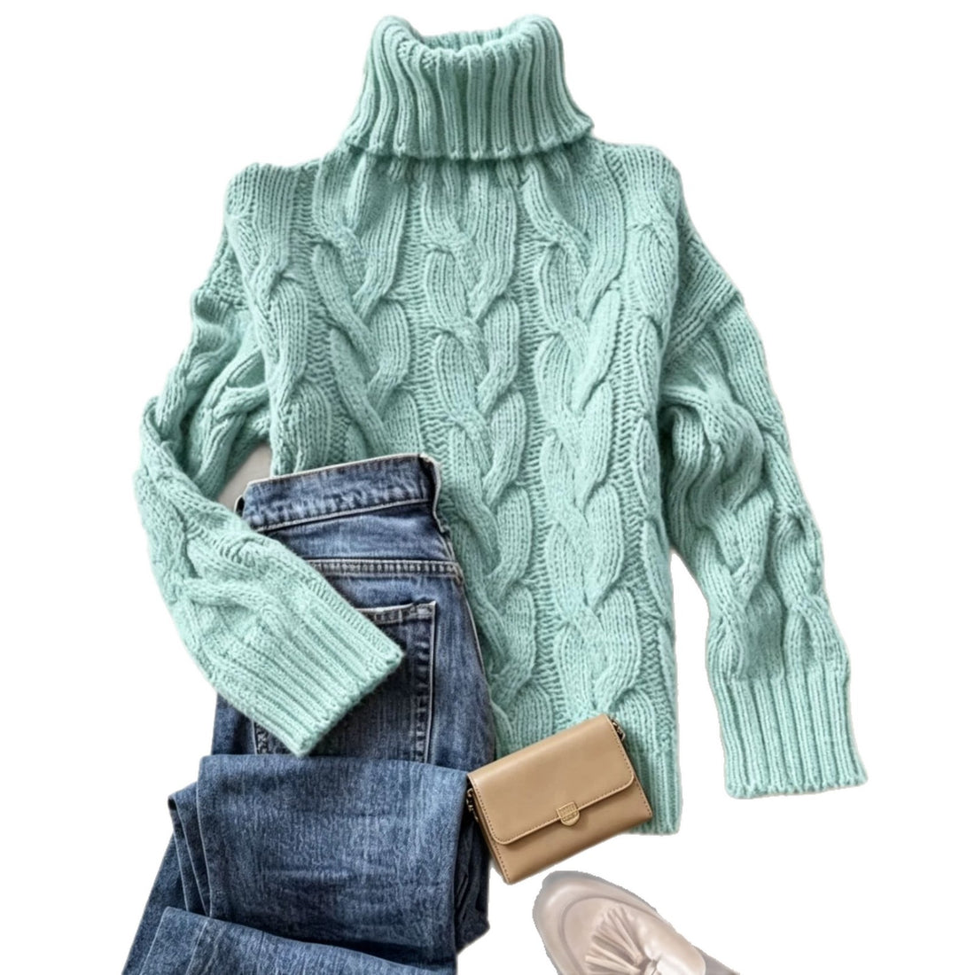 Damen Grobstrick-Rollkragenpullover mit markanten Zopfmustern und gerippten Bündchen – Mavelle