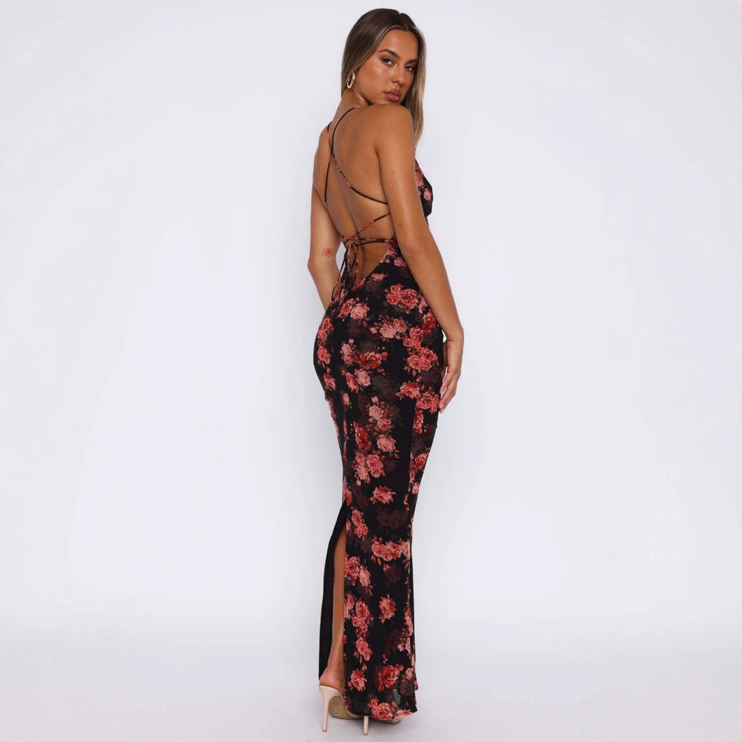 Damen Elegantes Maxikleid mit tiefem V-Ausschnitt und Spaghettiträgern Echo Archiv