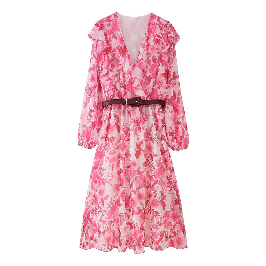 Damen nan fließendes Chiffon-Midikleid mit tiefem V-Ausschnitt, volants und tailliertem Gürtel Echo Archiv