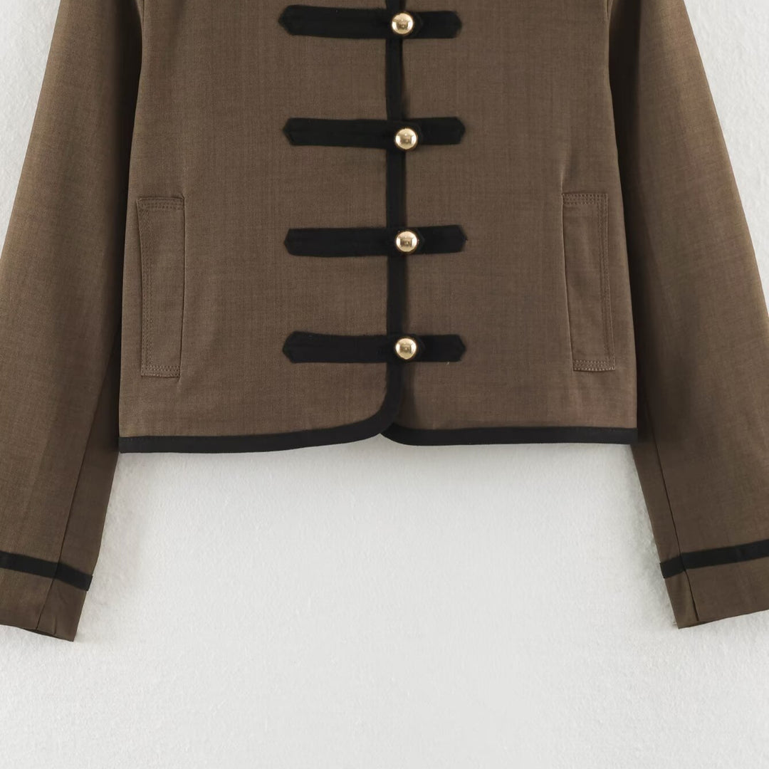 Damen Kurzjacke im Mandarinstil mit dekorativen Zierknoten und Kontrastbesatz Echoarchiv