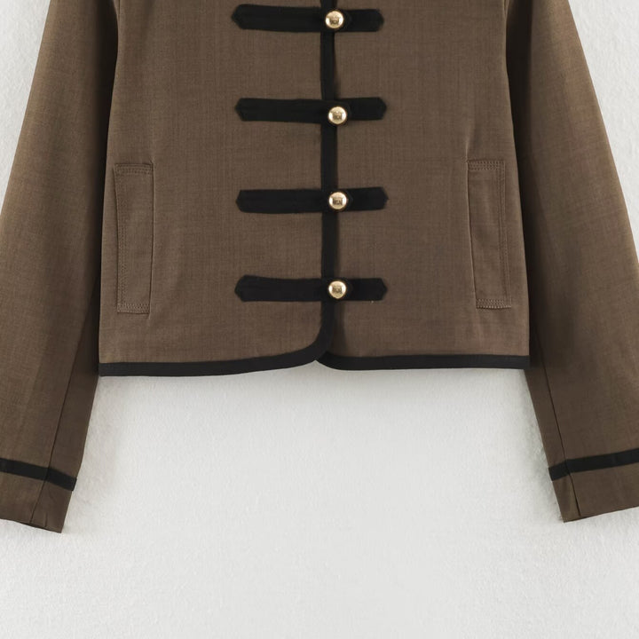 Damen Kurzjacke im Mandarinstil mit dekorativen Zierknoten und Kontrastbesatz Echoarchiv