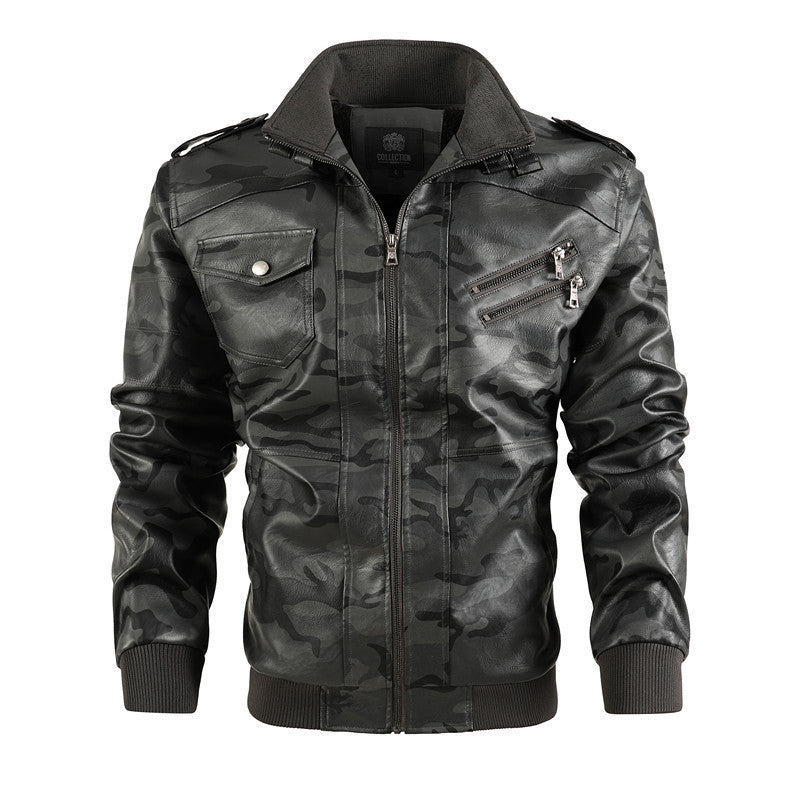 Herren Camouflage Kunstleder-Bomberjacke mit Reißverschluss-Brusttaschen und Rippbündchen – Brevano