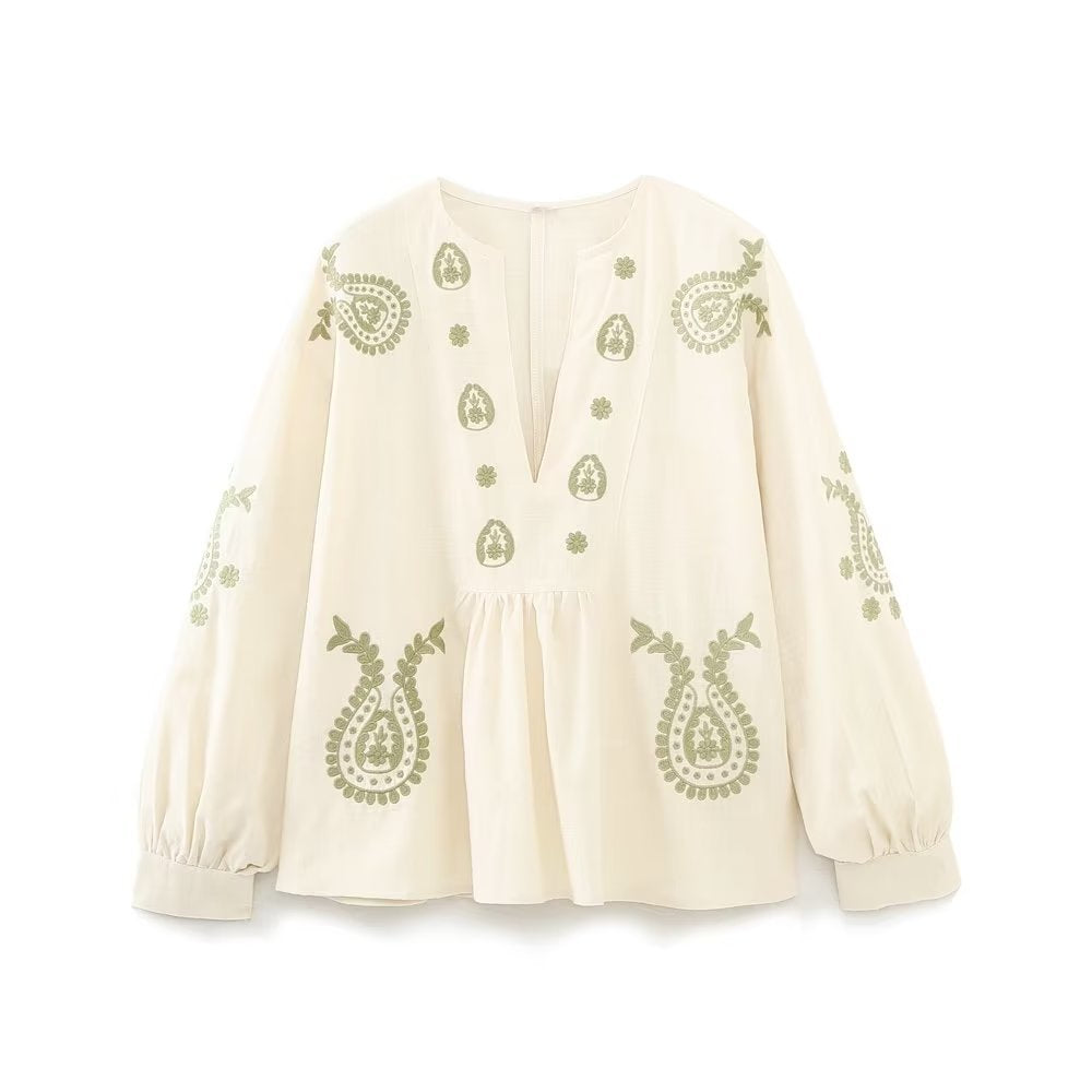 Damen nan bestickte Tunika-Bluse mit Paisley-Stickereien, V-Ausschnitt und voluminösen Ballonärmeln Echo Archiv