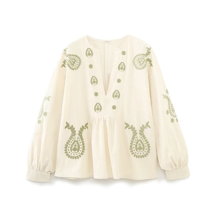 Damen nan bestickte Tunika-Bluse mit Paisley-Stickereien, V-Ausschnitt und voluminösen Ballonärmeln Echo Archiv