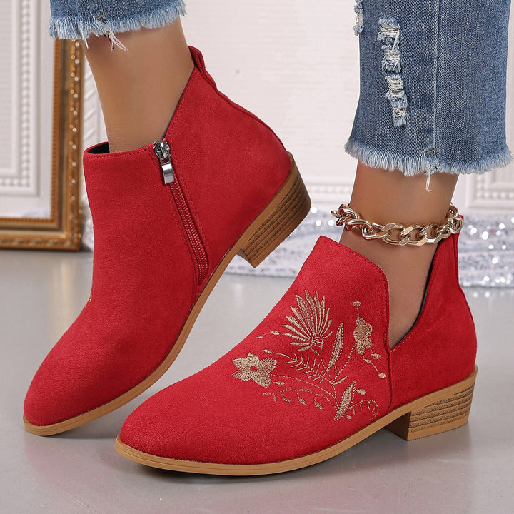 Damen Gestickte Ankle-Boots mit V-Cut und seitlichem Reißverschluss Echoarchiv