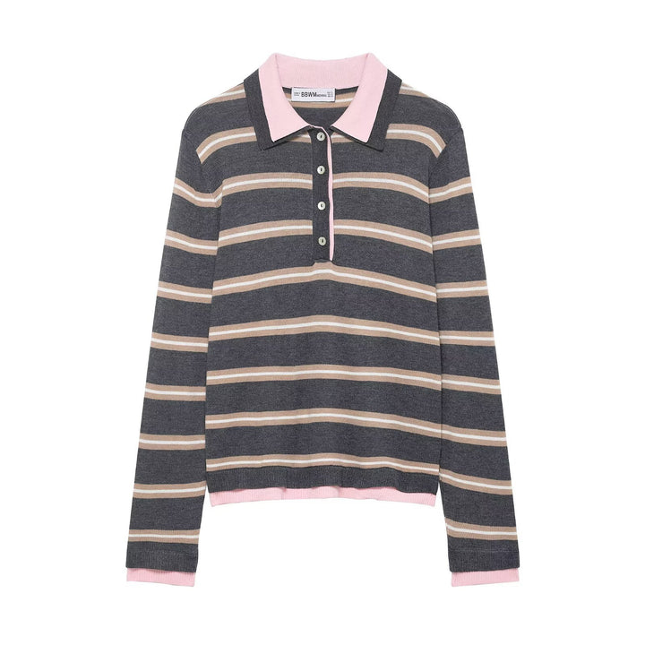 Damen Feinstrick-Rugby-Pullover mit kontrastierendem Kragen und Knopfleiste Echoarchiv