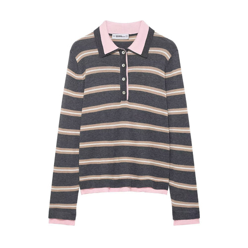 Damen Feinstrick-Rugby-Pullover mit kontrastierendem Kragen und Knopfleiste Echoarchiv