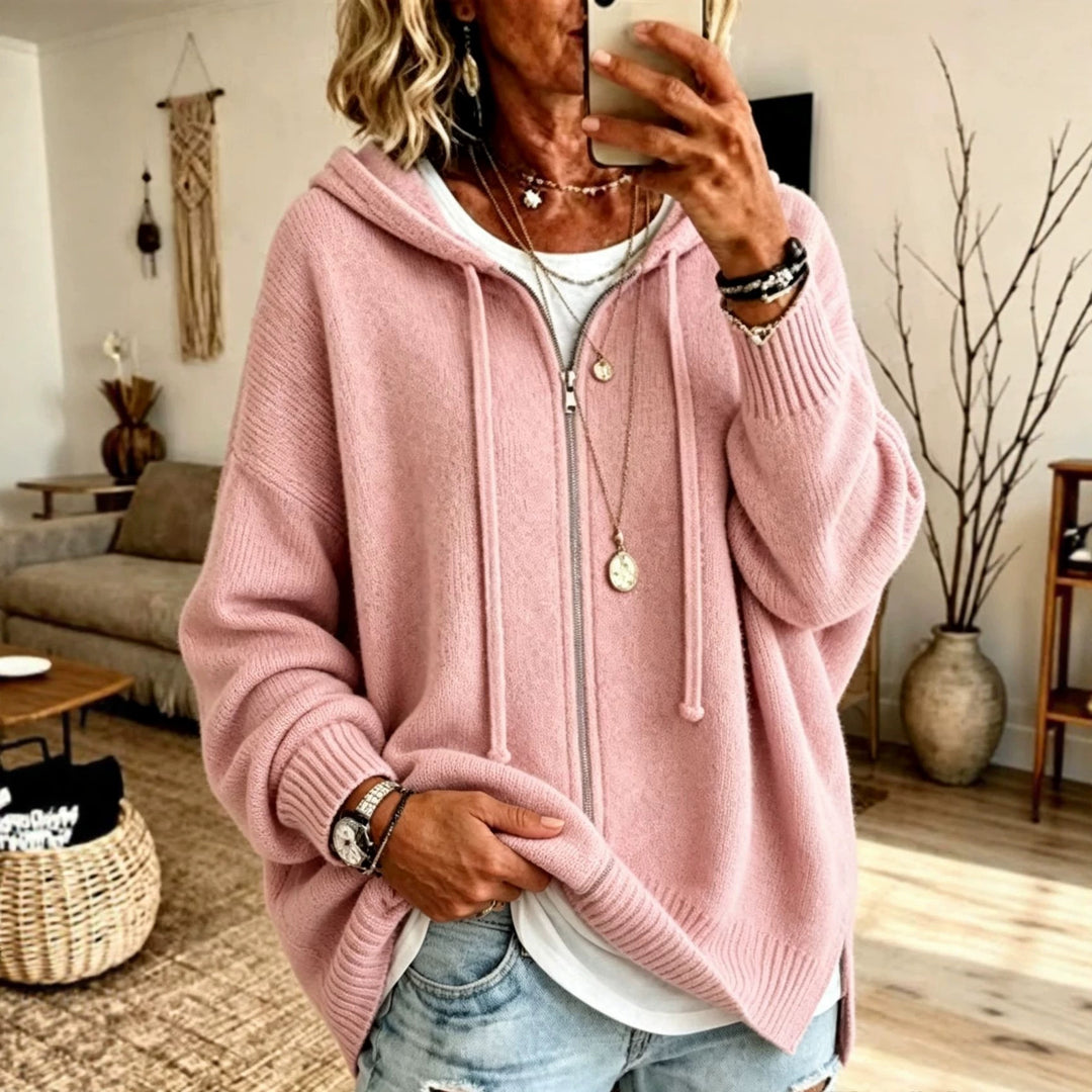 Damen Oversize Kapuzen-Zip-Cardigan aus weichem Feinstrick – Auréline