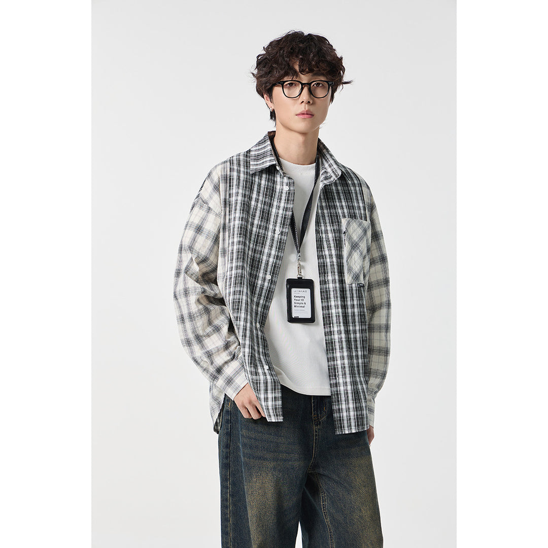 Unisex Kariertes Overshirt im Patchwork-Look mit Brusttasche Echoarchiv
